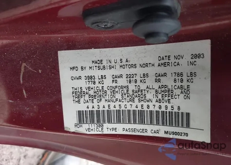 2004 Mitsubishi Eclipse Spyder Gs from USA, damaged, VIN 4A3AE45G74E070958